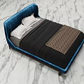 Luxurious Double Bed With Blue Headboard Black Bedspread And Brown Patterned Throw On Marble Floor 3d model