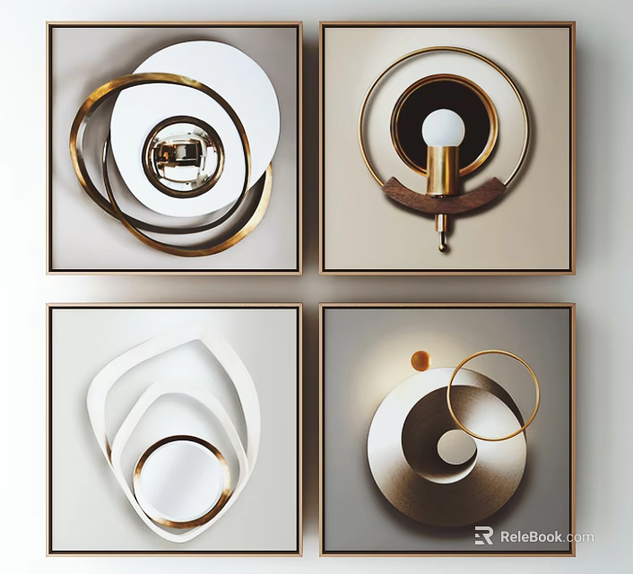 Modern Geometric Circular Artworks In Square Frames With Gold White Tones 3d model