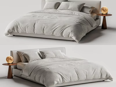 Modern Double Bed With Soft Gray Bedding Wooden Nightstand And Round Lamp 3d model