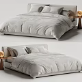 Modern Double Bed With Soft Gray Bedding Wooden Nightstand And Round Lamp