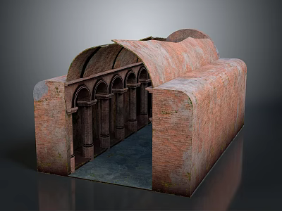 Detailed Red Brick Historical Architectural Model With Arched Doorways Columns And Corridor Structure 3d model