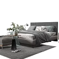 Modern Double Bed With Upholstered Headboard Pillows Bench And Area Rug 3d model
