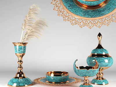 Elegant Turquoise Gold Tableware Set With Candle Holder Bowl Dish And Feather Decoration 3d model