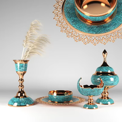 Elegant Turquoise Gold Tableware Set With Candle Holder Bowl Dish And Feather Decoration 3d model