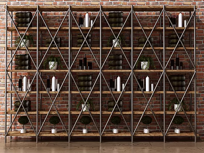 Industrial Shelving Unit With Stacked Books White Candles And Potted Plants On Brick Wall Background 3d model
