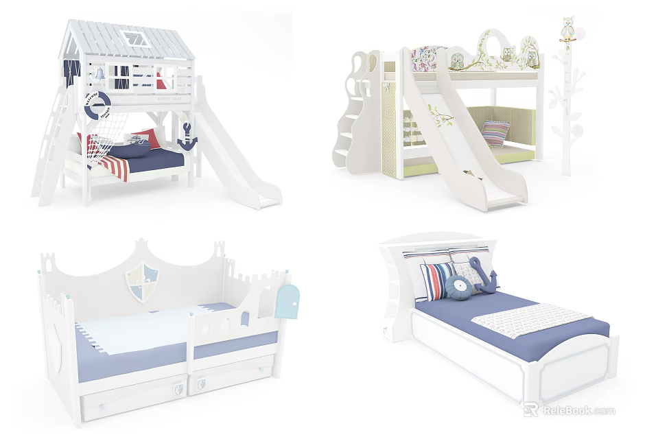 Kids Bunk Bed With Slide Storage Drawers And Castle Design For Children 3d model 