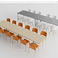 Long Office Desks With Light Wooden Tabletop Orange Chairs And Gray Tabletop White Chairs