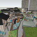 Vibrant Commercial Street Featuring Shopping Areas Central Fountain Tall Buildings and Pedestrians