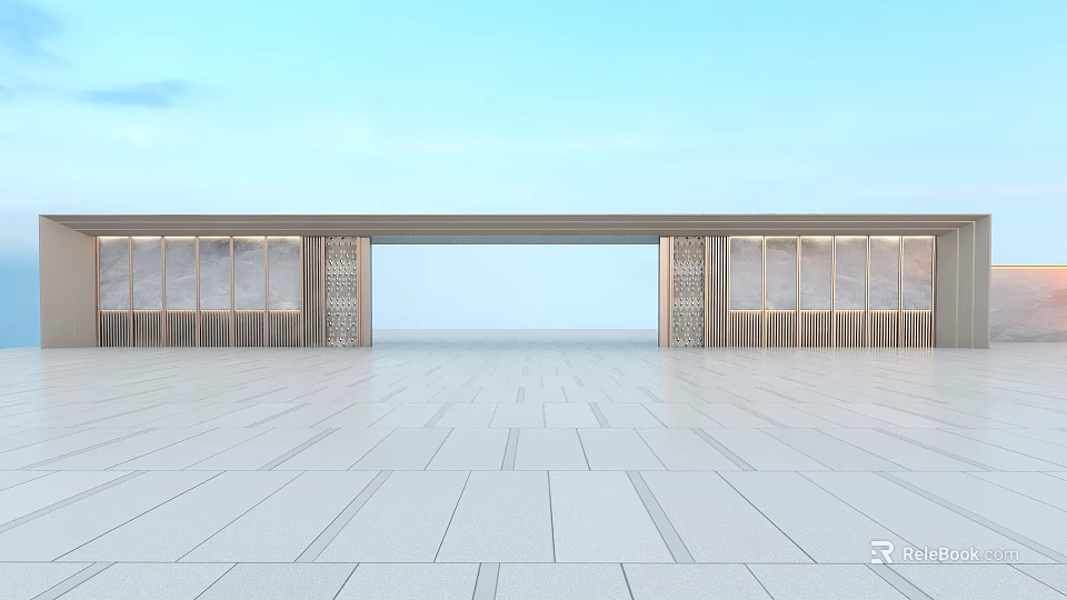 Modern Entrance Gate With Decorative Carved Walls And White Floor Under Blue Sky 3d model 