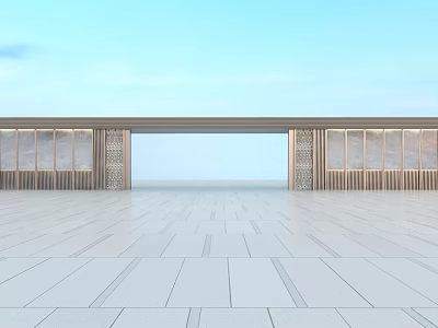 Modern Entrance Gate With Decorative Carved Walls And White Floor Under Blue Sky 3d model