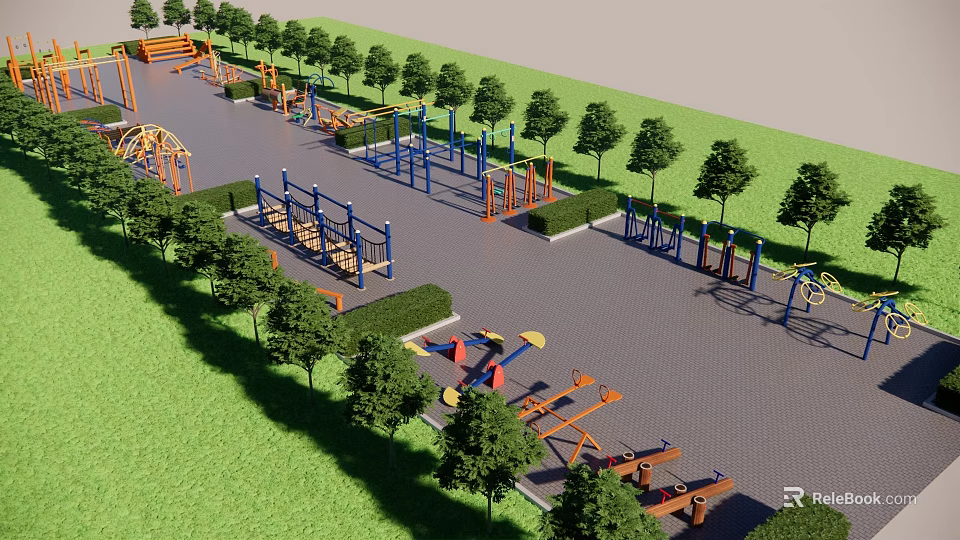 Outdoor Sports Equipment With Parallel Bars Horizontal Bars Swings And Balance Beams In Park 3d model 