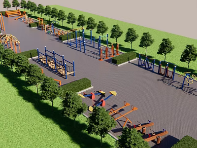 Outdoor Sports Equipment With Parallel Bars Horizontal Bars Swings And Balance Beams In Park 3d model