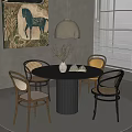 Round Dining Table Set With Rattan Chairs Dark Cylindrical Base Pendant Lamp And Open Book