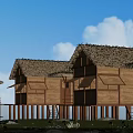 Traditional Thatched Houses on Stilts with Wooden Structure Lush Greenery and Blue Sky