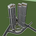 Modern High Rise Buildings With Low Rise Entrance Design And Green Lawn Trees