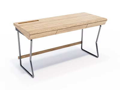 Modern Minimalist Desk With Wooden Tabletop Metal Legs And Storage Slot 3d model