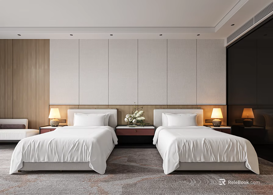 Hotel Room Interior Featuring Twin Beds White Linens Bedside Lamps Sofa And Wooden Accent Wall 3d model 