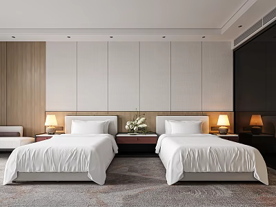 Hotel Room Interior Featuring Twin Beds White Linens Bedside Lamps Sofa And Wooden Accent Wall 3d model