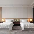 Hotel Room Interior Featuring Twin Beds White Linens Bedside Lamps Sofa And Wooden Accent Wall