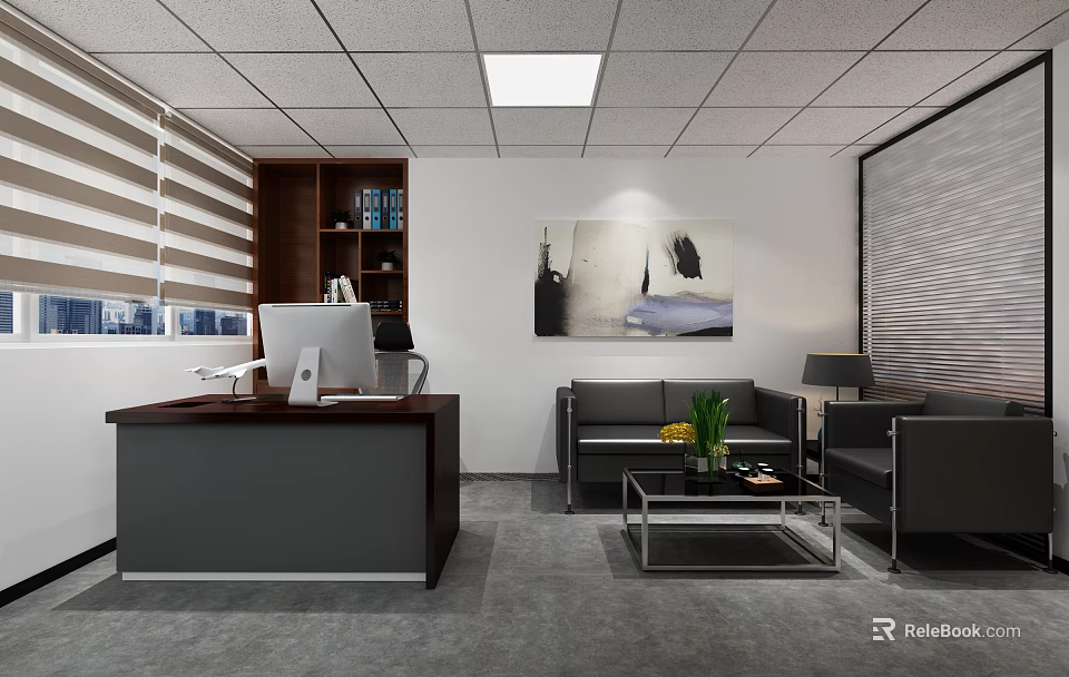 Modern Office Interior Design With Desk Computer Sofa Coffee Table Plant And Painting 3d model