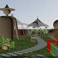 Scenic Green Lawn Planned Area With White Tents Maze Hay Bales And Paths