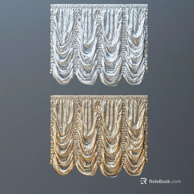 Elegant Silver And Gold Pleated Curtains With Decorative Design For Home 3d model 