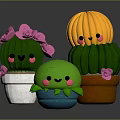 Cute Green And Yellow Cactus Dolls With Smiling Faces And Pink Flowers In Pots