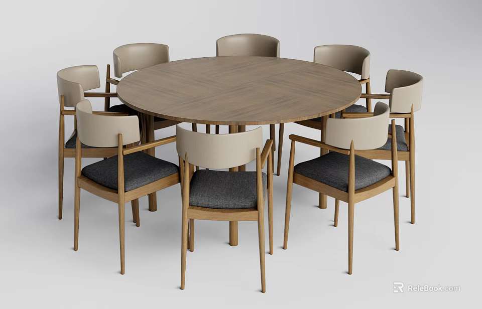 Wooden Round Dining Table Set With Eight Light Gray Cushioned Chairs 3d model