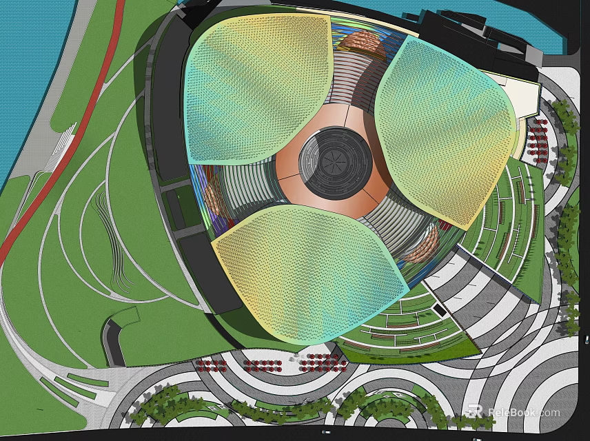 Unique Architectural Structure With Circular Center Colorful Petal Shaped Roofs And Surrounding Greenery 3d model 