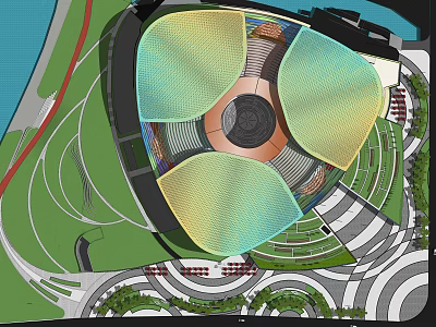 Unique Architectural Structure With Circular Center Colorful Petal Shaped Roofs And Surrounding Greenery 3d model