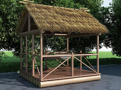 Traditional Bamboo Pavilion With Thatched Roof Wooden Platform Surrounded By Green Trees And Grass 3d model