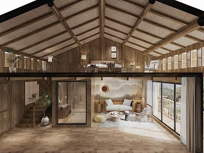 Wooden Loft Interior With Open Design Sofa Chair And Natural Light 3d model