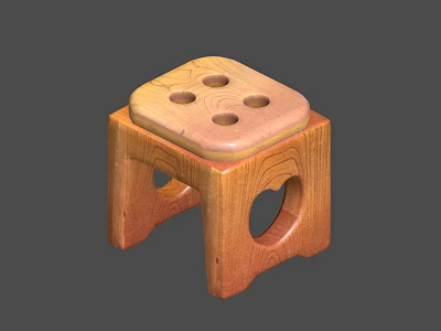 Wooden Stool With Square Seat Holes And Carved Legs Natural Wood 3d model