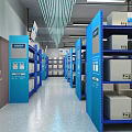 Smart Storage Cabinets In Indoor Warehouse With Blue Shelves And Digital Screens