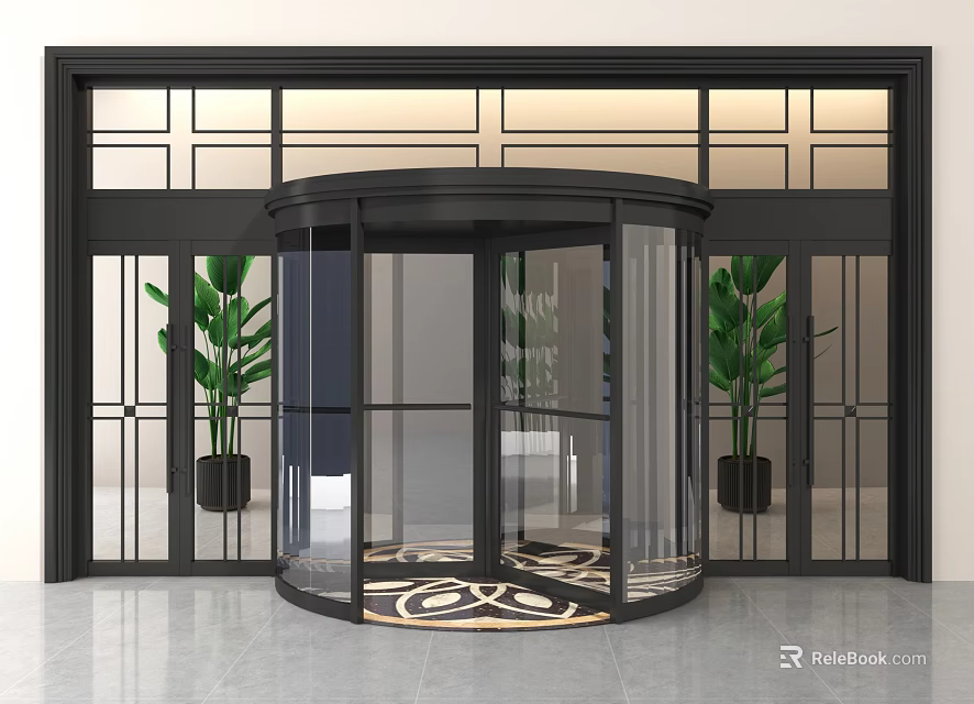 Elegant Black Framed Glass Revolving Door Entrance With Green Plants And Patterned Floor Tiles 3d model 