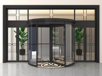 Elegant Black Framed Glass Revolving Door Entrance With Green Plants And Patterned Floor Tiles 3d model