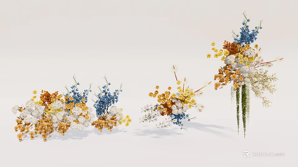 Artistic Floral Installation With Blue Yellow White Flowers And Decorative Arrangements 3d model 