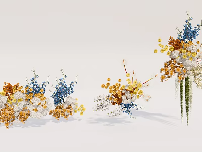 Artistic Floral Installation With Blue Yellow White Flowers And Decorative Arrangements 3d model