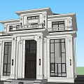 Elegant Classical Detached Villa Exterior With Stone Columns Large Windows And Porch Lighting