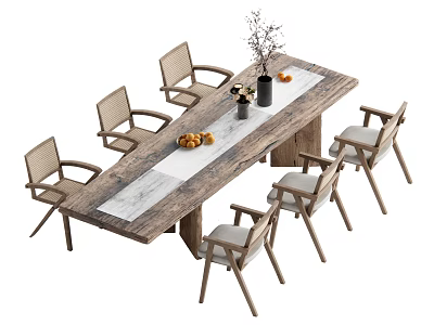 Rustic Wooden Dining Table Set With Six Rattan Back Chairs And Tabletop Flower Vase Fruits 3d model