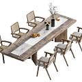 Rustic Wooden Dining Table Set With Six Rattan Back Chairs And Tabletop Flower Vase Fruits