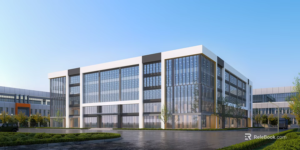 Modern Industrial Park Contemporary Building With Large Glass Curtain Walls And Landscaped Surroundings 3d model 