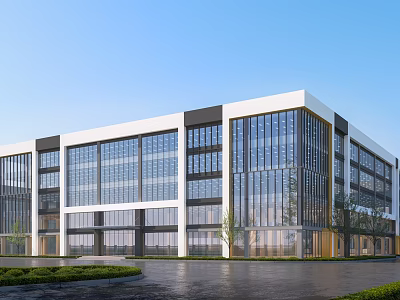Modern Industrial Park Contemporary Building With Large Glass Curtain Walls And Landscaped Surroundings 3d model