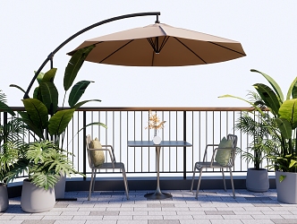 Outdoor Tables and Chairs Sunshade Green Planting 3d model