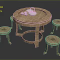 Rustic Wooden Round Table Set With Matching Stools Teapot And Cups On Top