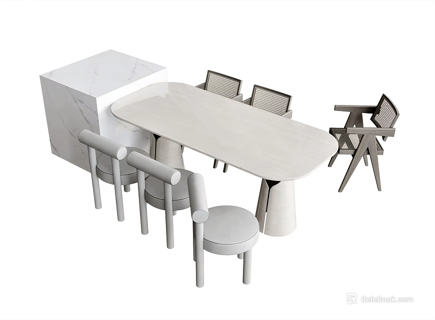 Modern White Dining Table Set Featuring Sleek Surface Matching Chairs And Side Cabinet 3d model