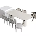 Modern White Dining Table Set Featuring Sleek Surface Matching Chairs And Side Cabinet 3d model