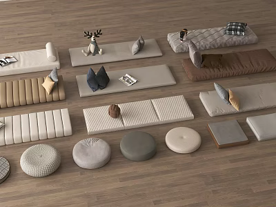 Diverse Fabric Household Cushions Pillows And Stools In Neutral Tones For Living Room Decor 3d model