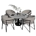Elegant Round Marble Top Dining Table Set with Gray Chairs and Greenery Vase 3d model