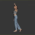 Woman In Striped Strapless Top And Jeans Waving Hand On Gray Background
